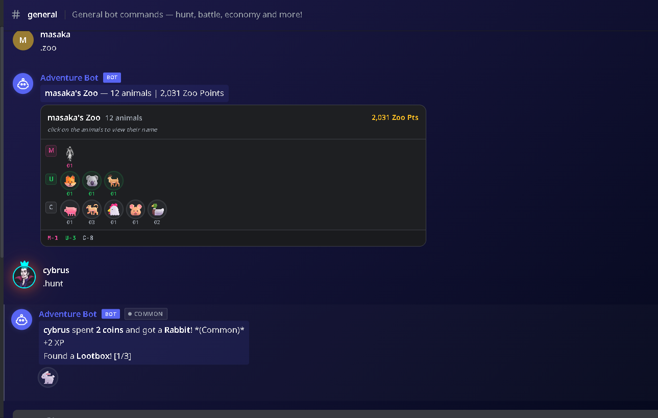 Advenexus gameplay showing the chat-style interface with hunt and battle commands